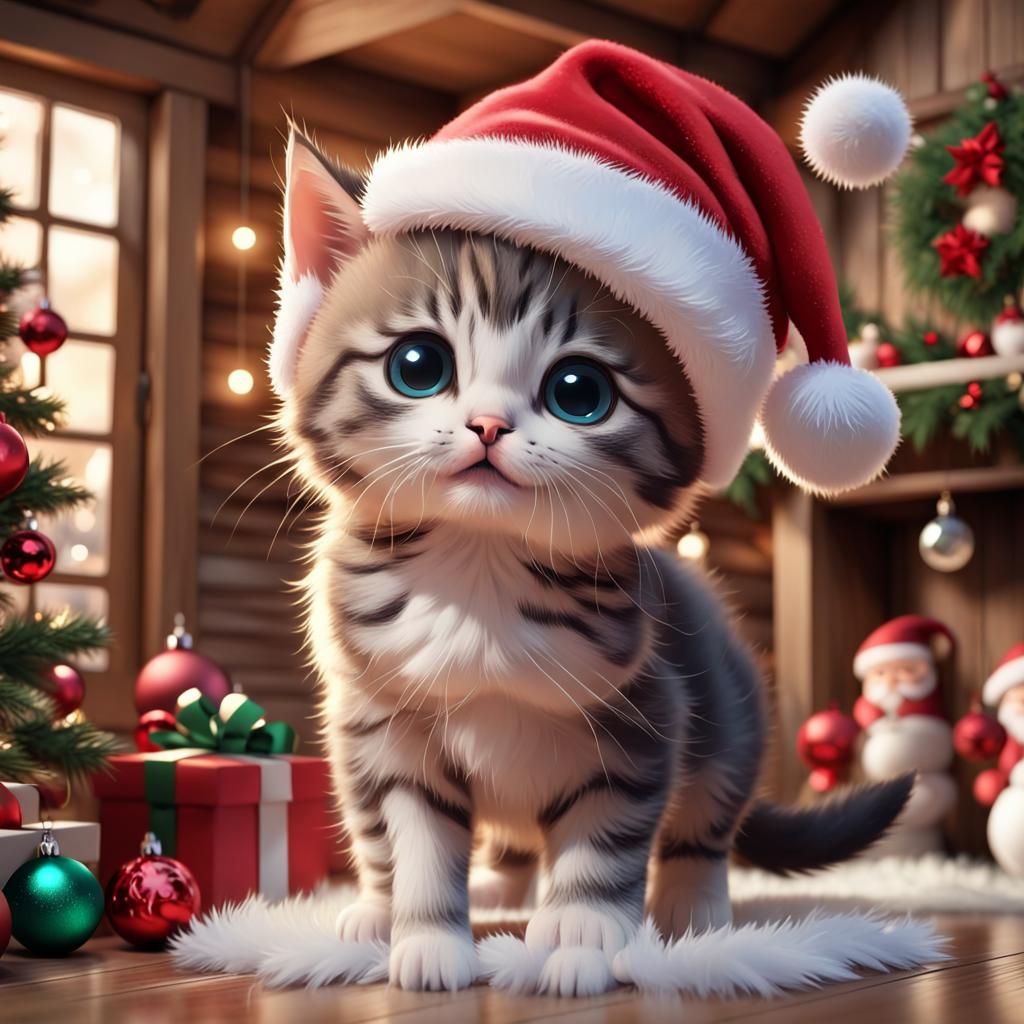 A cute kitten, with a Santa Claus hat