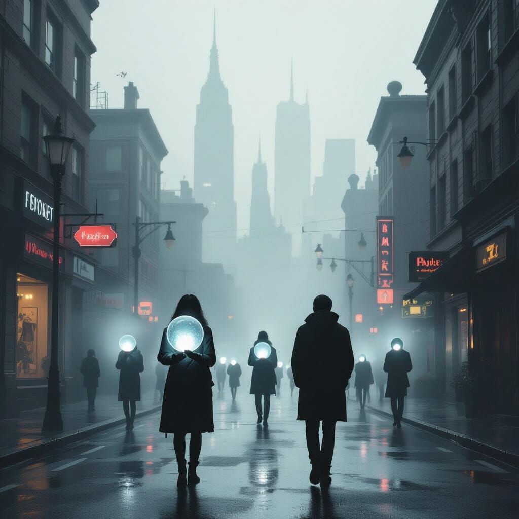 Empty memories 
Individuals in a city street with empty bubbles 
Cant remember certain memories/trying to forget them 
Walking slowly with d...