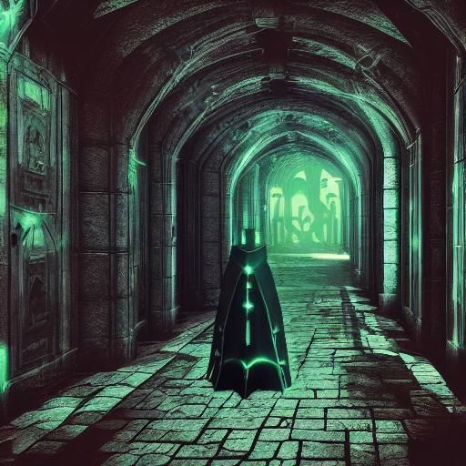 Forgotten Castle Hallway (ghostly knight:1.5) cinematic volumetric lighting, Cyberpunk, Boulet  by @EL
