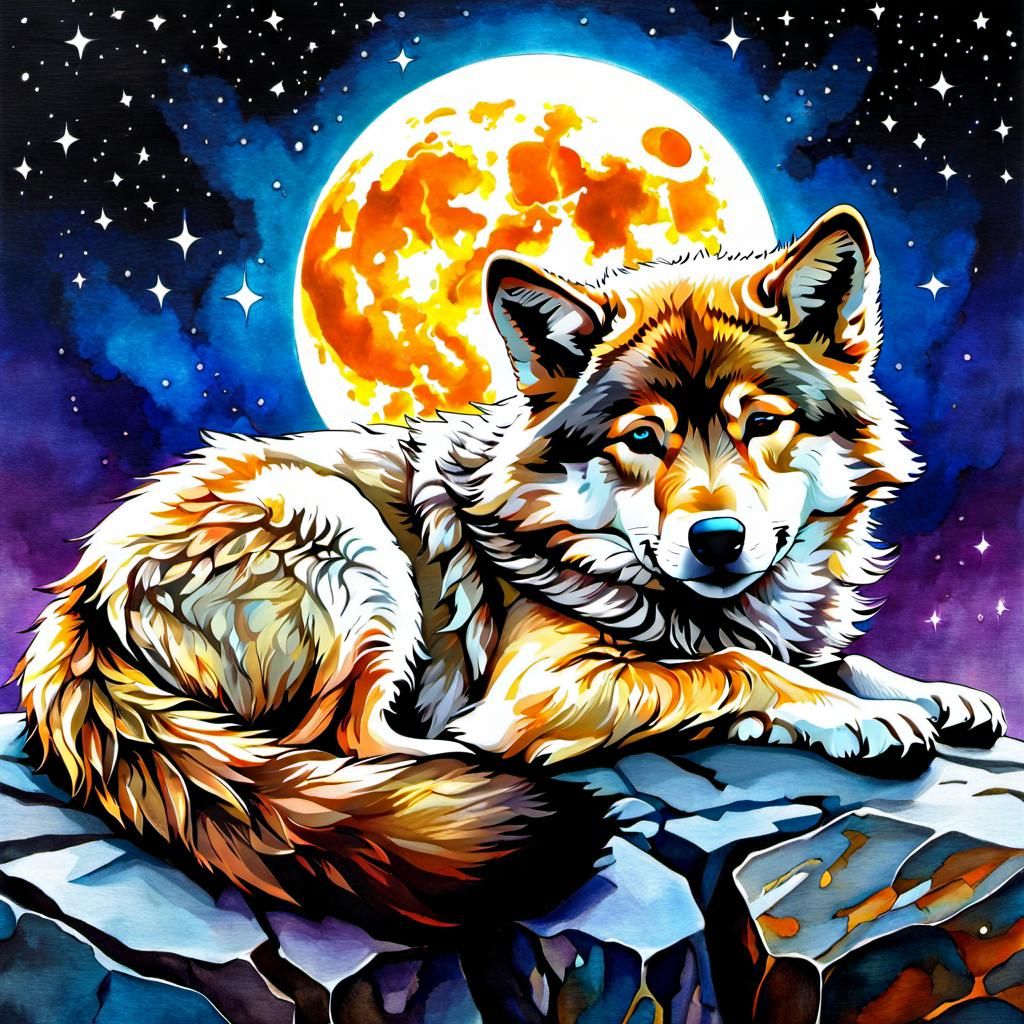 Adorable Wolf Pup Sleeps Under Moon: Alcohol Ink Art