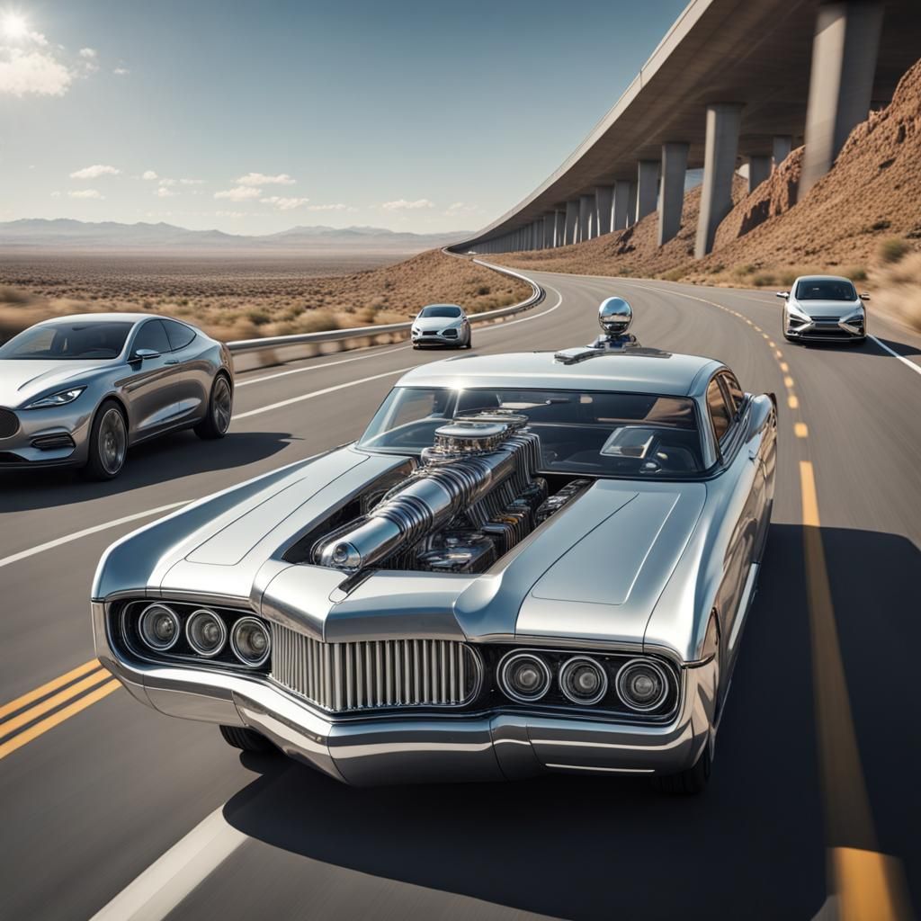 Futuristic Mercury engine in a car driving between cars down...