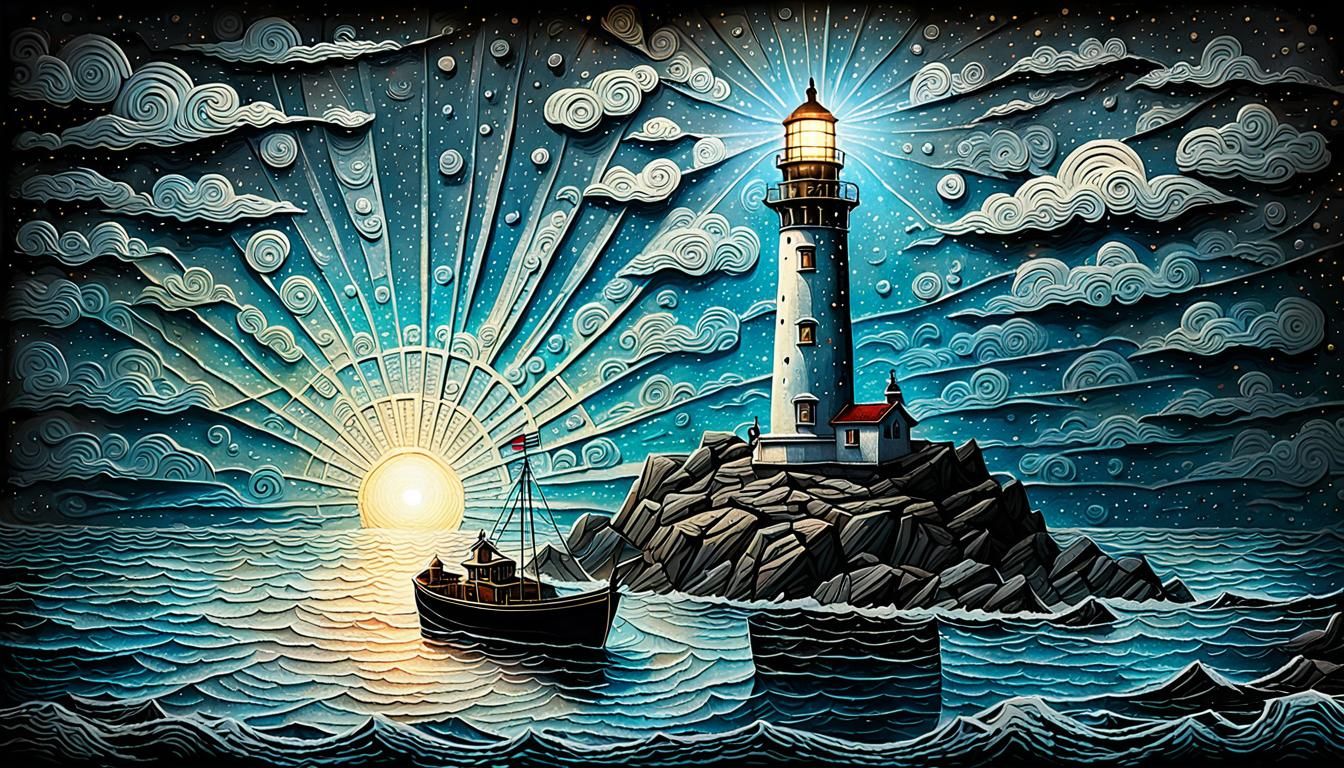 Detailed embossed vintage art of a lighthouse beaming down a...