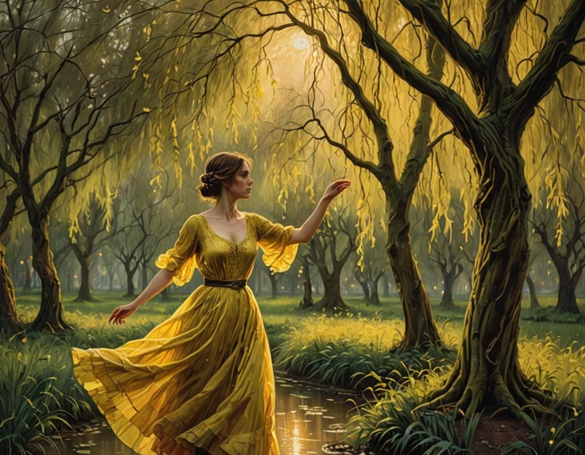 Woman wearing a yellow taffeta dress, dancing between willow...