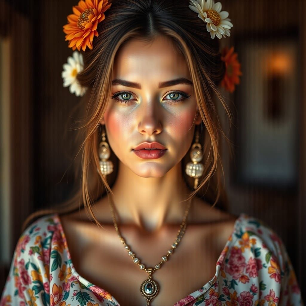 Hyperrealistic portrait of a beautiful woman wearing intricately detailed colorful clothing and expensive jewelry. <lora:HyperPhotoRealism:1...