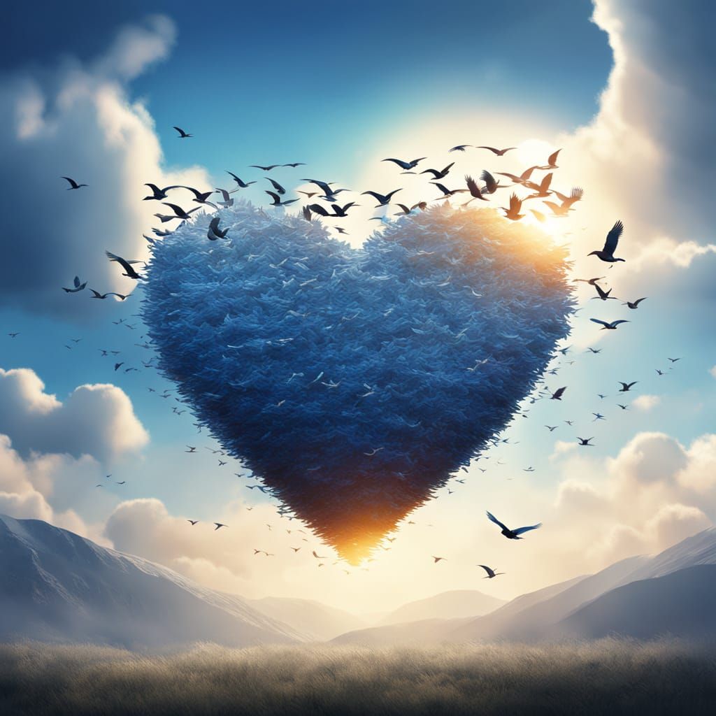a beautiful, clear sky and migratory birds flying in the sky, creating a large, beautifully drawn heart shape. 