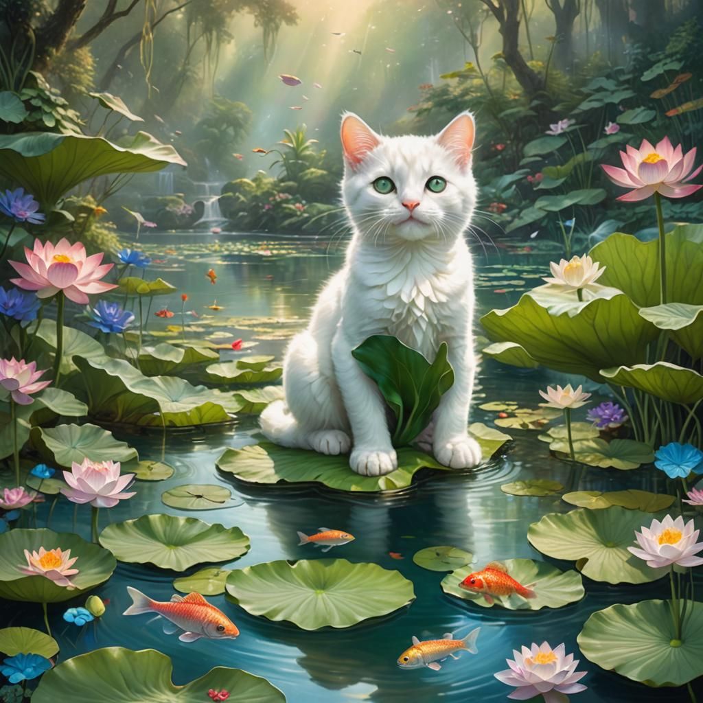 A white kitten sits on a lotus leaf looking  a green lake, f...