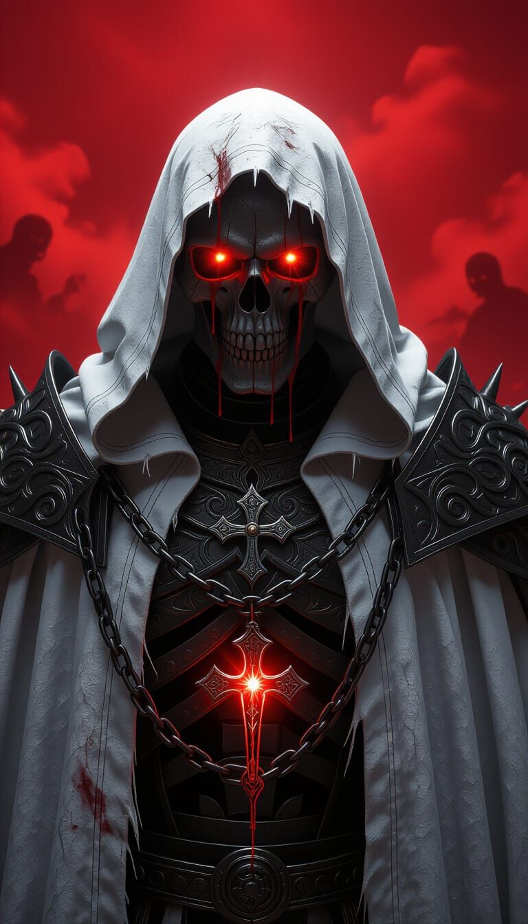  ultra-detailed cinematic portrait of a skeletal undead lich overlord, cracked obsidian skull dripping viscous crimson ichor, twin blazing s...