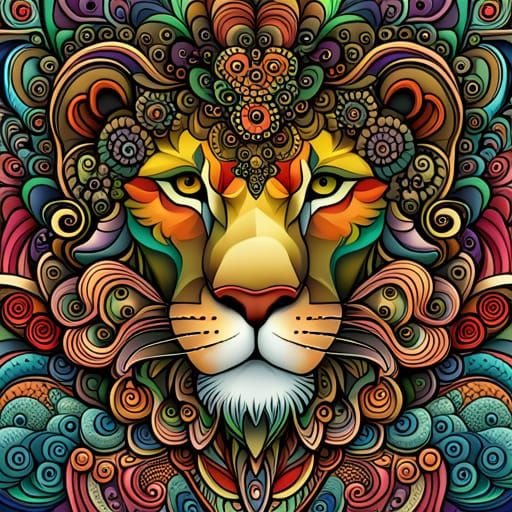 Lions face Intricate design, highly textured, multi coloured and detailed, thick organic vegetation tactile ...  by @Fun Guy