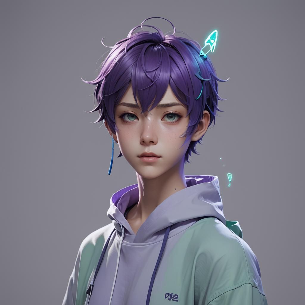 ghost, boy, purple, blue, green, antennae, short hair.