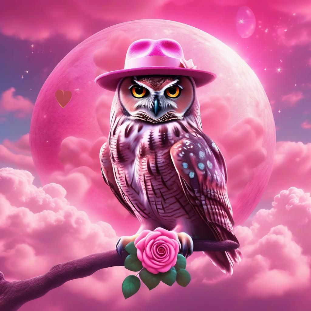 A pink lovely female Owl wearing a pink fedora hat. - AI Generated ...