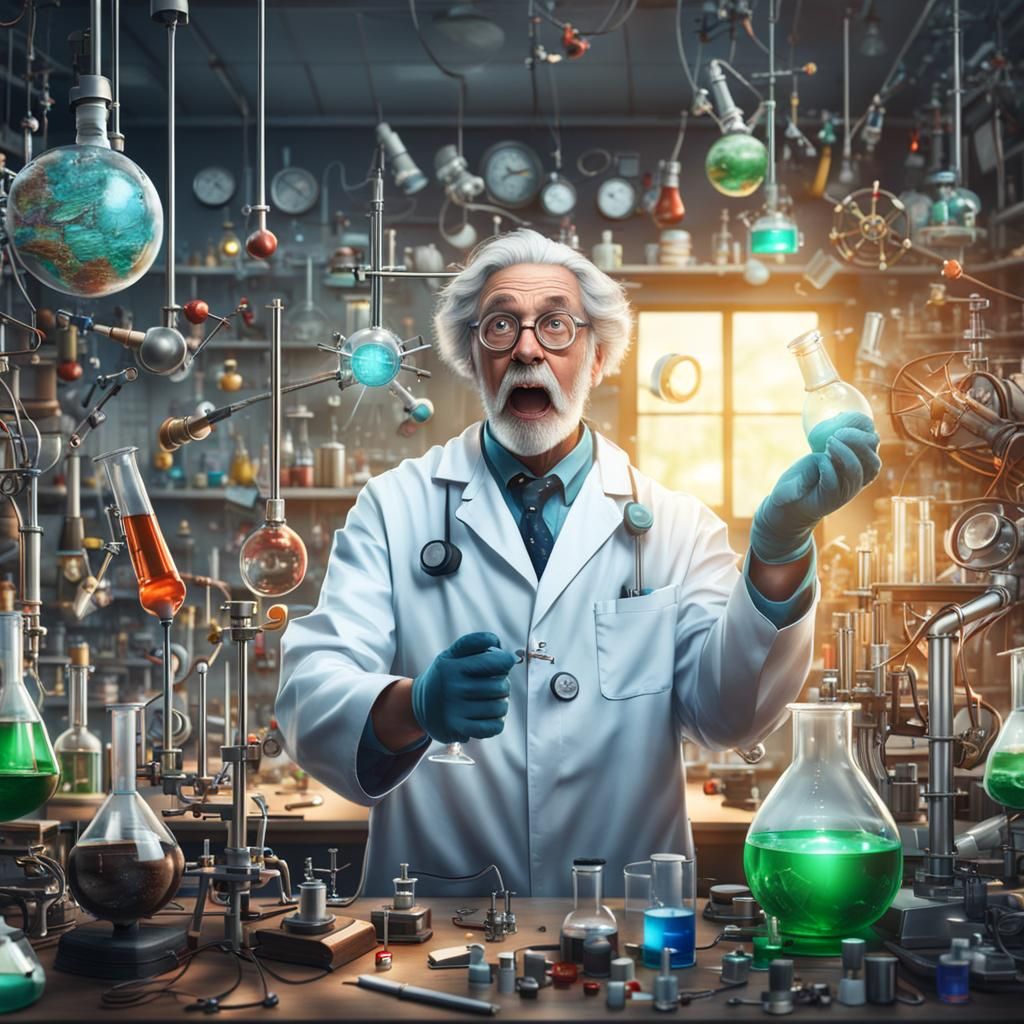 Enthusiastic Mad Scientist in Hyperrealistic Digital Art