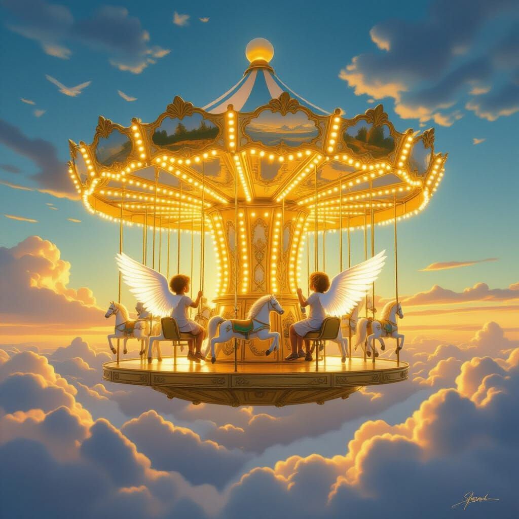 Golden Carousel with Winged Children in Dreamlike Sky