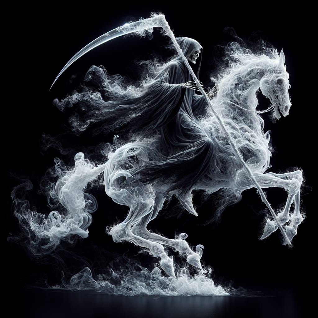 A ghostly figure of the Grim Reaper riding a skeletal horse, both formed entirely out of swirling, translucent ...  by @Damion