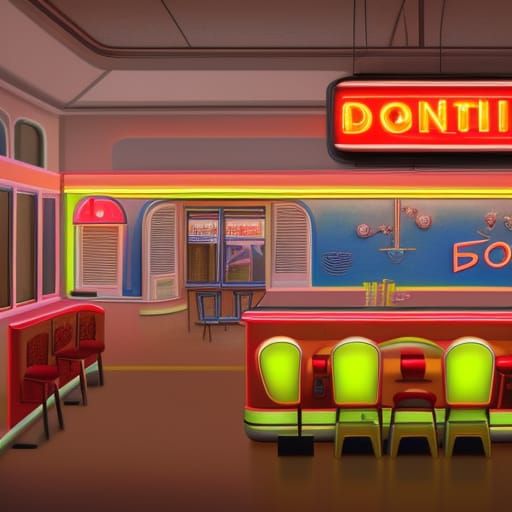 Interior, 1950’s diner with a neon sign in the window, detai...