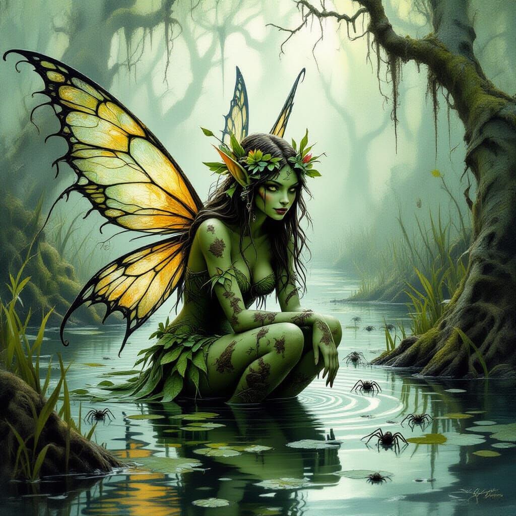 a swamp fairy with skin made of mud and moss, dwelling in a murky bog filled with strange and wondrous ...  by @April