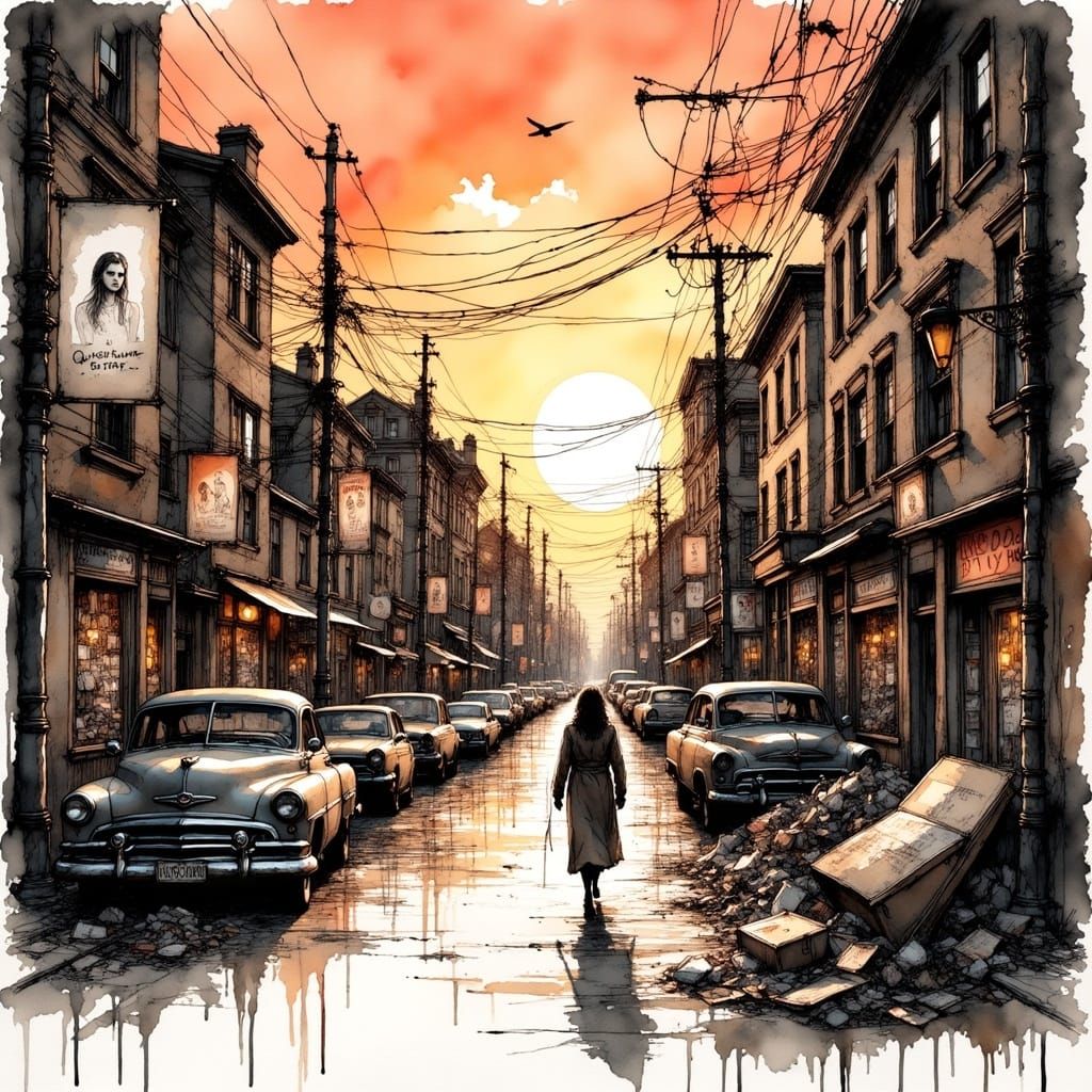 <lora:Ink:1.0> Black and sepia Ink, strong lines and strokes, crosshatching, scratchy. post apocalyptic city street at sunset, a lone figure...