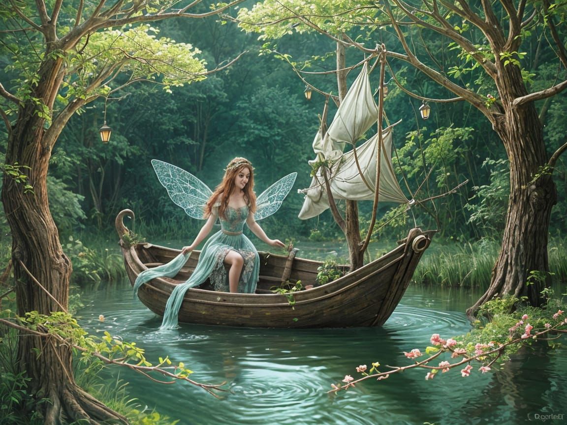 A fairy boat carries the lovely fairy woman