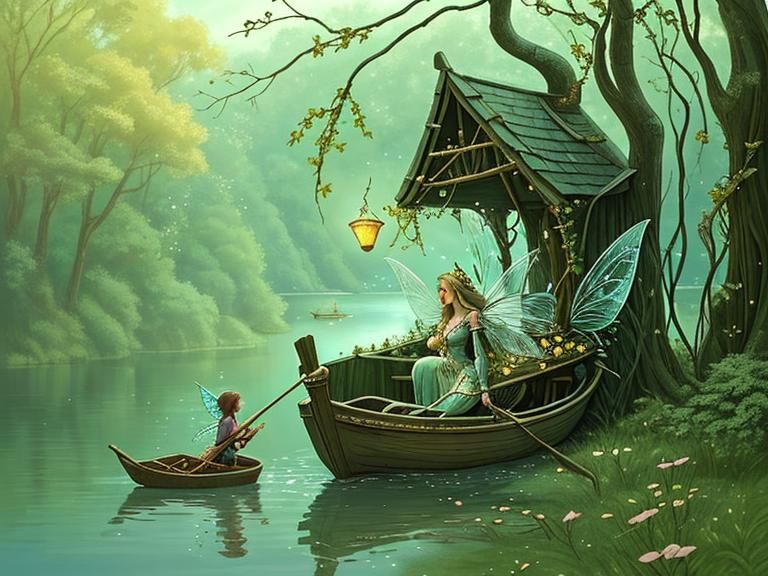 A fairy boat carries the lovely fairy woman