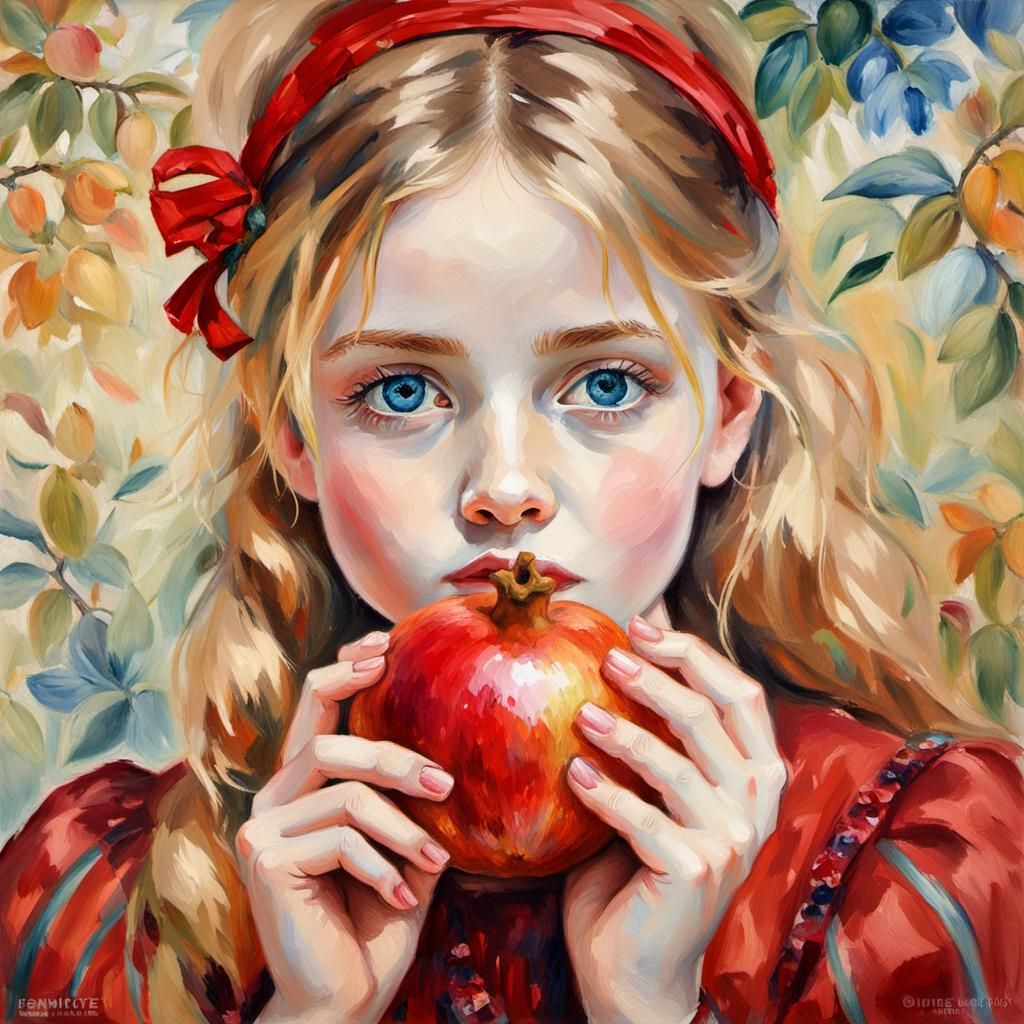 Girl Eating Pomegranate: Impressionist Portrait