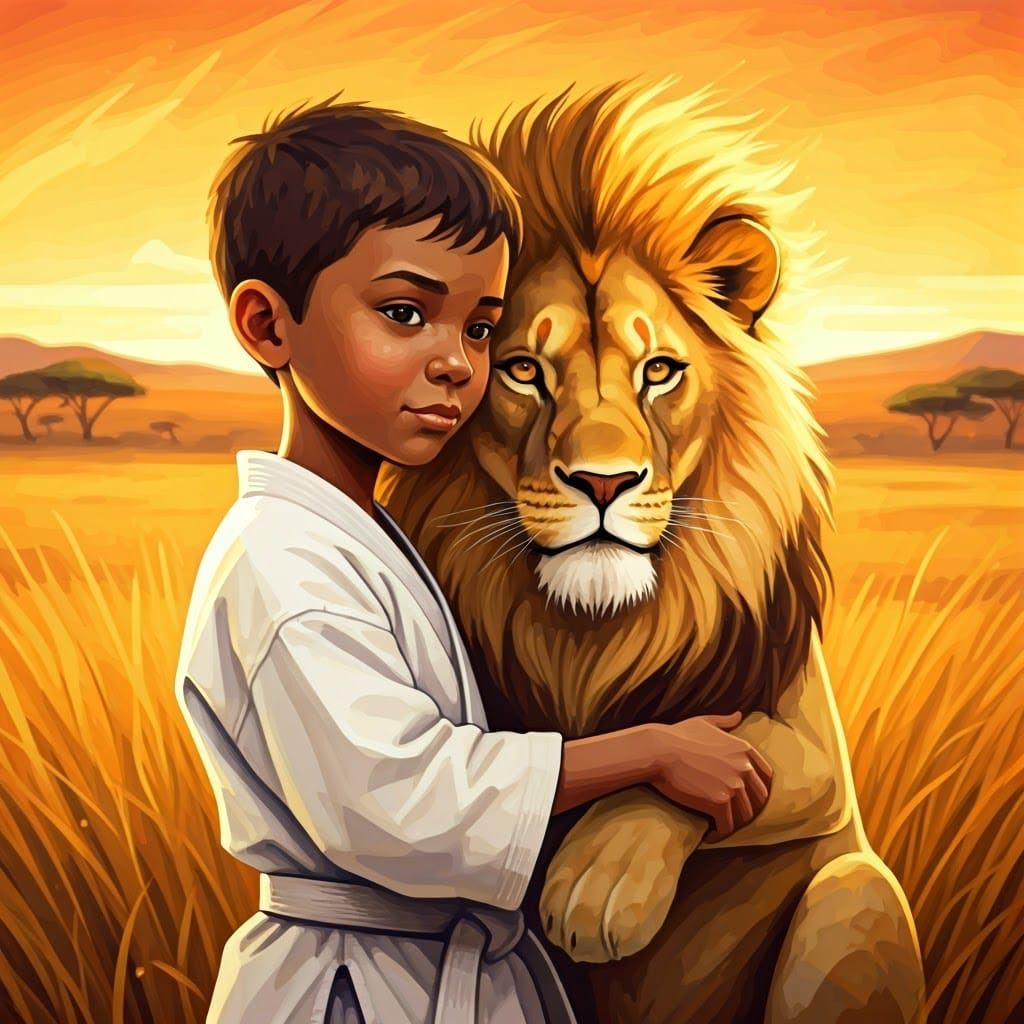Young Karate Boy Tenderly Holds Majestic Lion in Golden Sava...