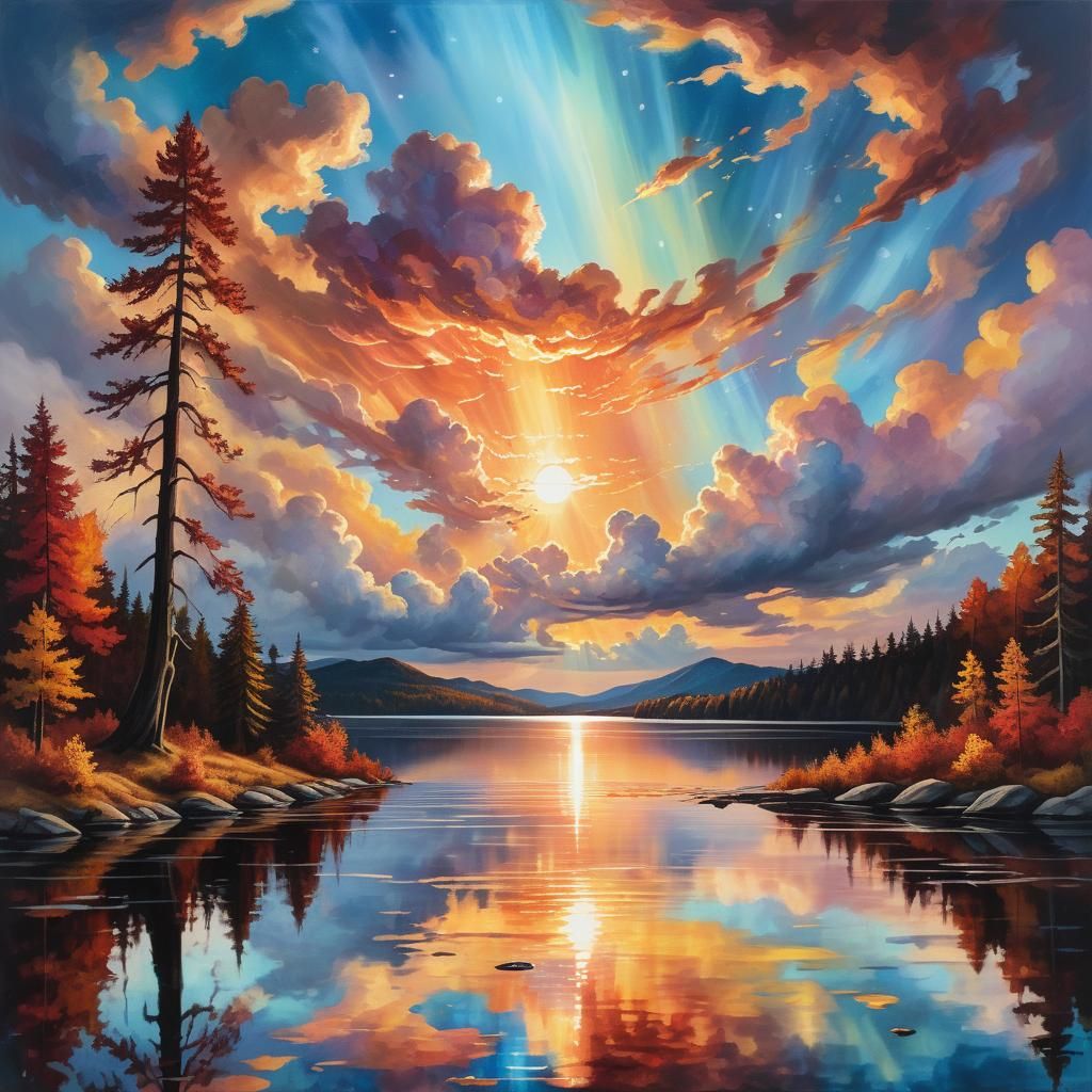  Acrylic painting, clouds reflecting a lake in the sky   by @Mapont