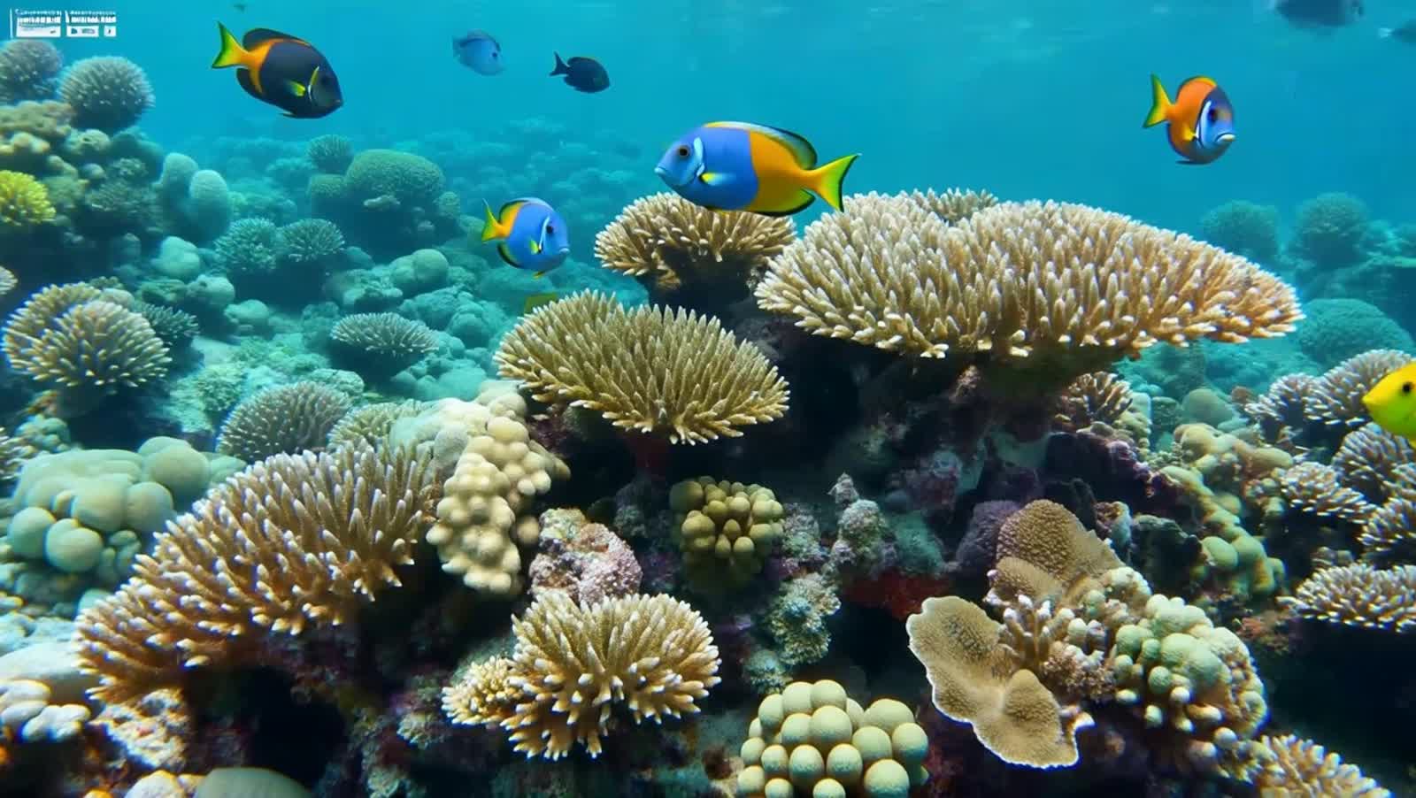 Underwater, colorful coral reef with brilliant tropical fish swimming carelessly through the crystal clear blueish green...