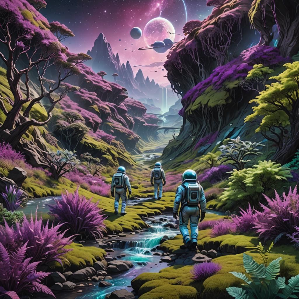 Men in space suits exploring an alien landscape with purple ...