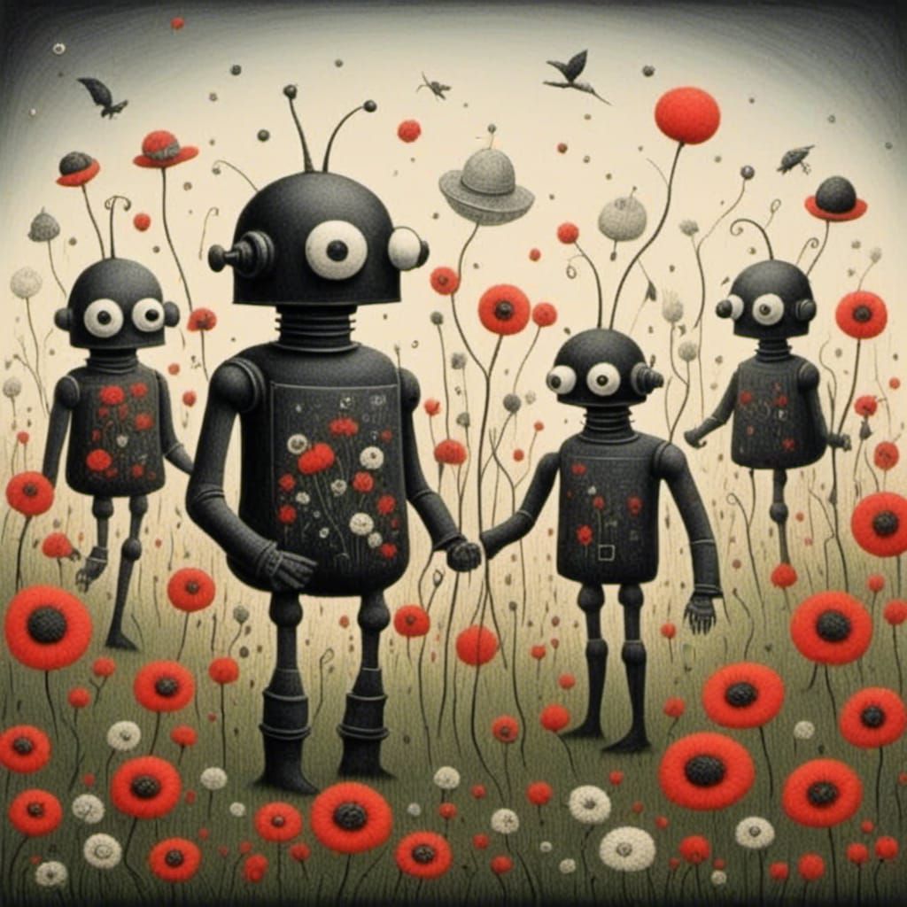 <lora:Evil Medieval:1.0> Cute robots in a flower garden 