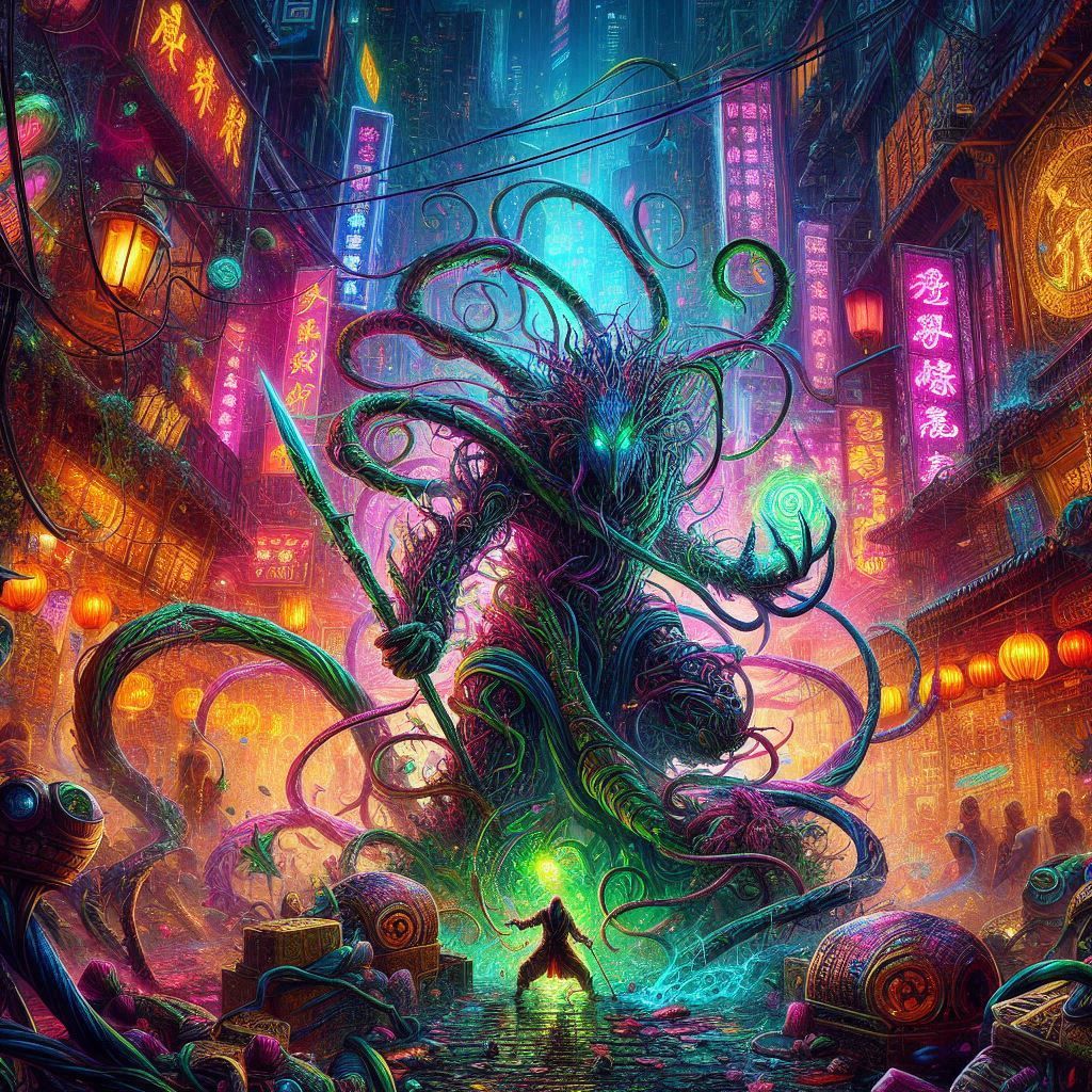 A fusion of Audrey II from Little Shop of Horrors and Lo Pan from Big Trouble in Little China, set in a chaotic, neon-lit Chinatown, with te...