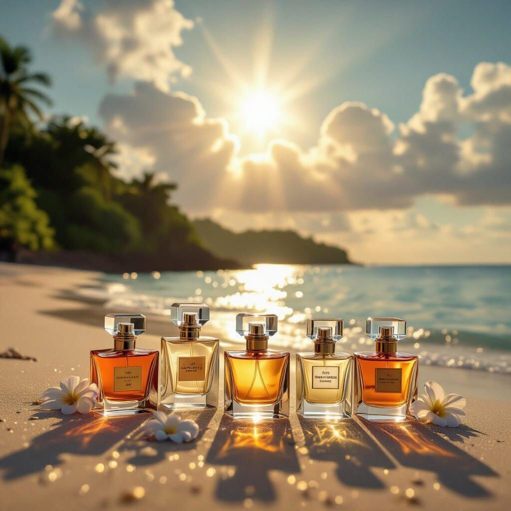Perfume Bottles on Serene Beach in Hyperrealistic Style