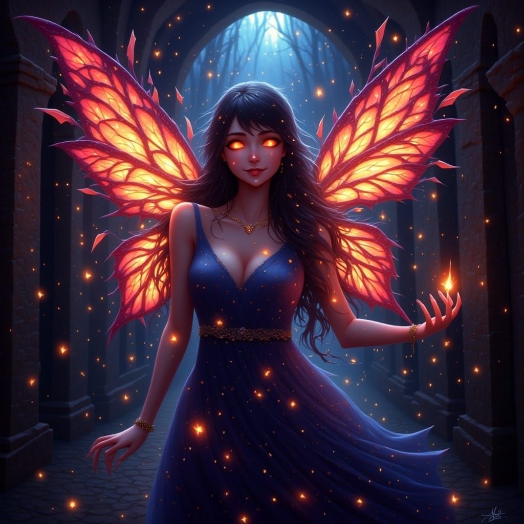 Fairy woman dark hallway 