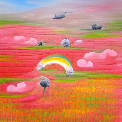 Pink poppy field with a rainbow in the sky