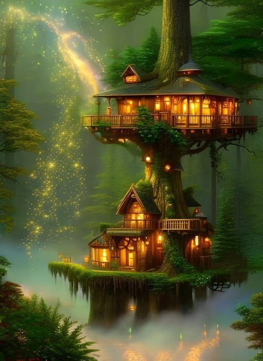 Huge Massive Tree Houses large and long oak trunk steampunk engine ethereal fantasy hyperdetailed mist ...  by @Christine Gauthier