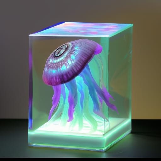 Jellyfish sculpture in epoxy cube