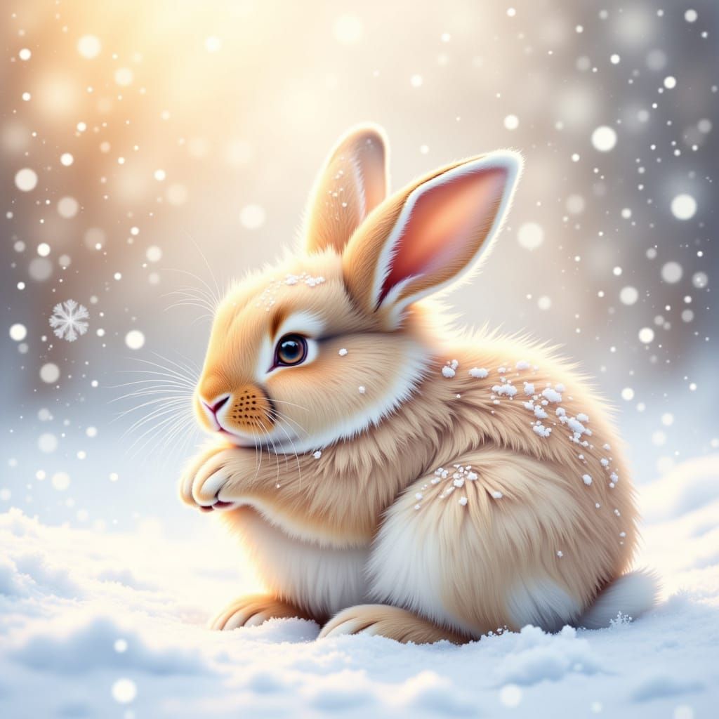 <lora:Cute Rabbits:1.0> ethereal watercolor. Medium shot. A cute baby rabbit with long fur cuddles in the snow. Many snow sprays fly in the...