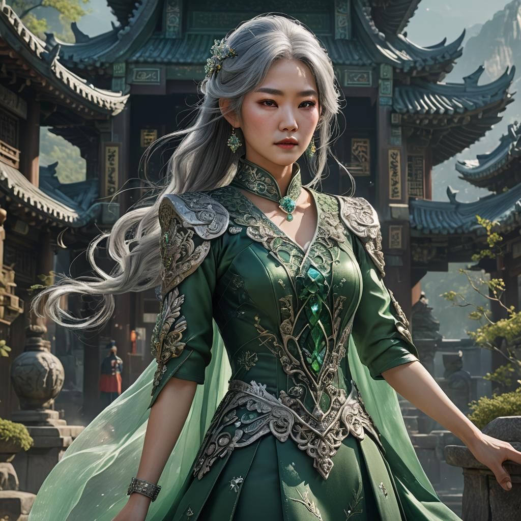 korean lady silver hair green  crystal  dress