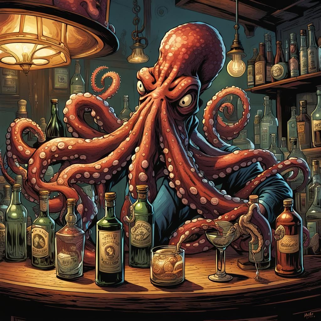 Octopus as bartender in a speakeasy  by @ThomasG
