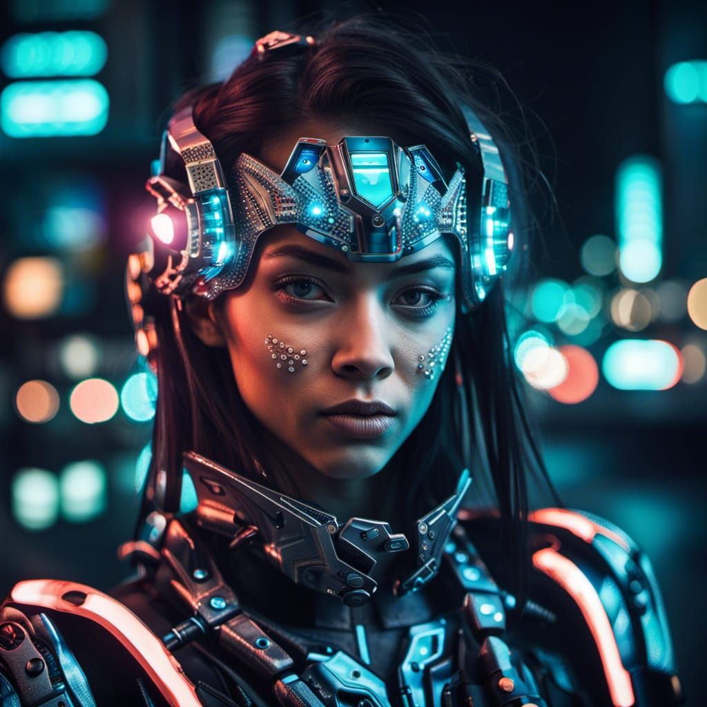 Portrait of a cyborg girl wearing futuristic face armor in a neon city ...