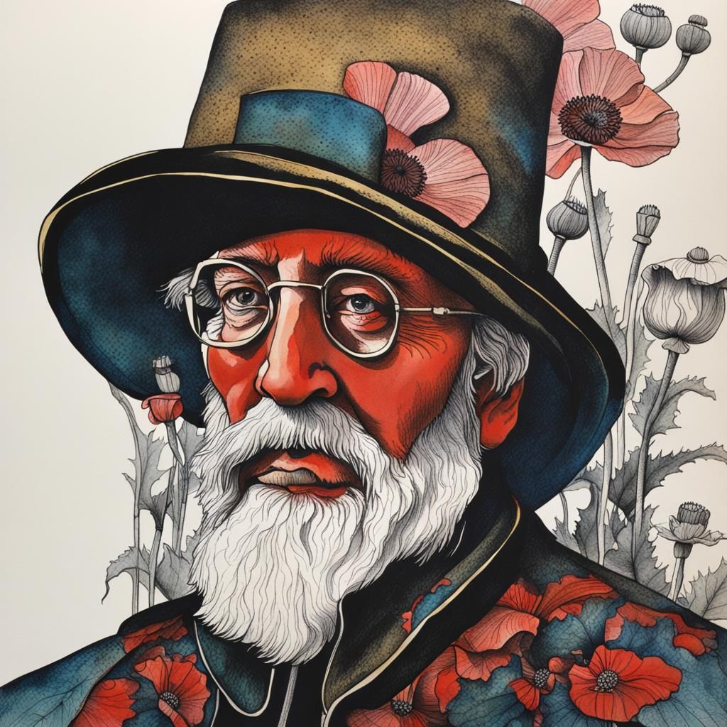 botanical ink   drawing of opium poppies