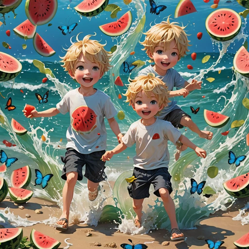 Blond Boys on Beach with Watermelon, Anime 3D Art