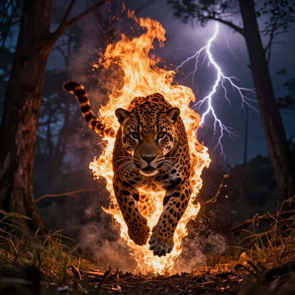 Burning Jaguar Leaping in Lightning Storm at Night