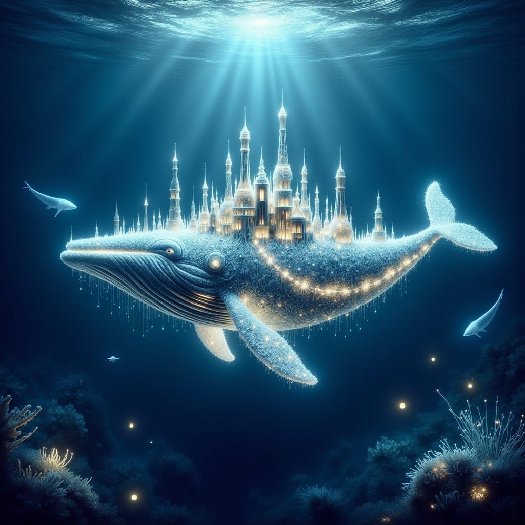 <lora:Fairy Lights:1.0> An ethereal, otherworldly whale, intricately formed from glistening strands of white fairy lights, swimming deep ben...