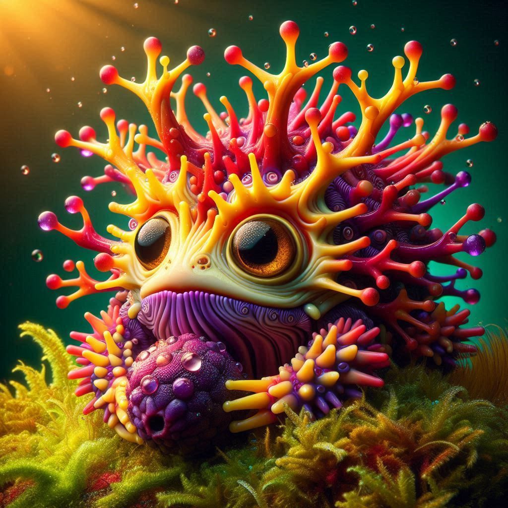 Concept art, medium shot. An adorable Murex frog-tortoise creature with big expressive eyes holds a berry. Its shell is made of many complex...