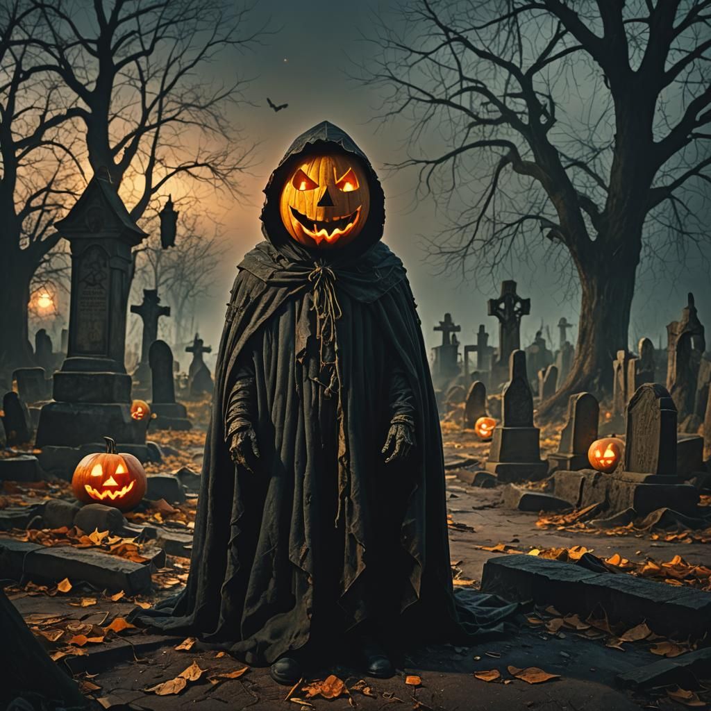 Creepy Jack-o-Lantern Figure in Haunted Graveyard
