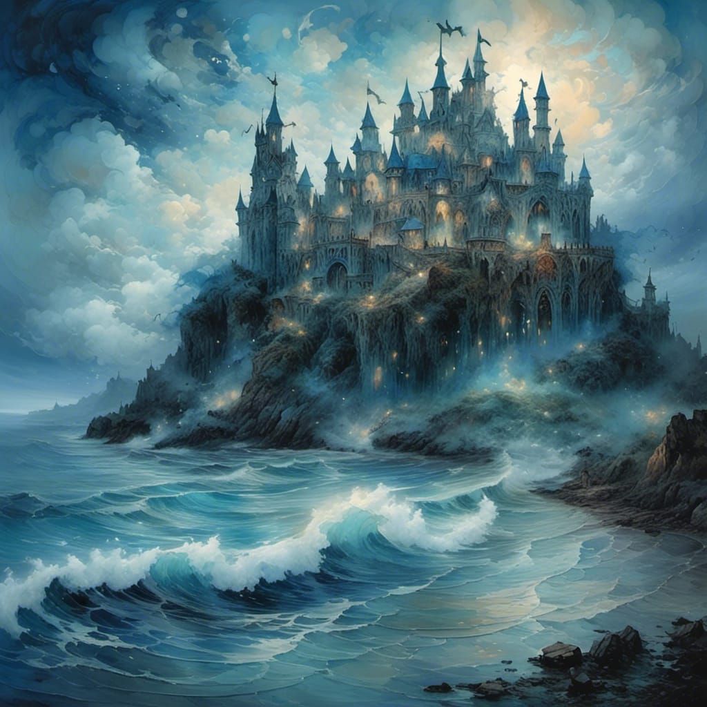 <lora:Dreamsea:1.0>Haunted beach, blue castle. Wispy ghosts ethereal gossamer translucent