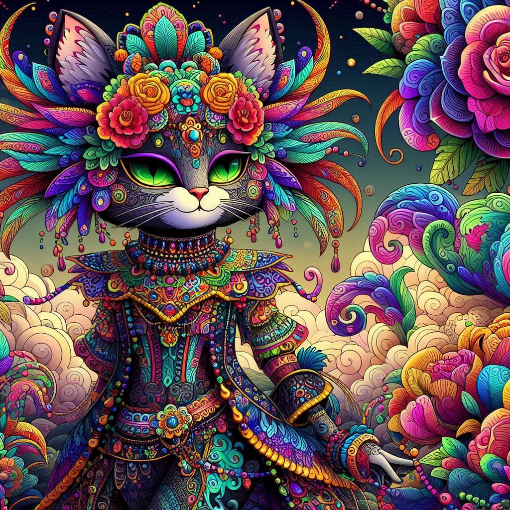 A whimsical goth Quetzalcoatl cat woman adorned with intricate, colorful details, presented in a vibrant cutecore aesthetic. The scene is ri...