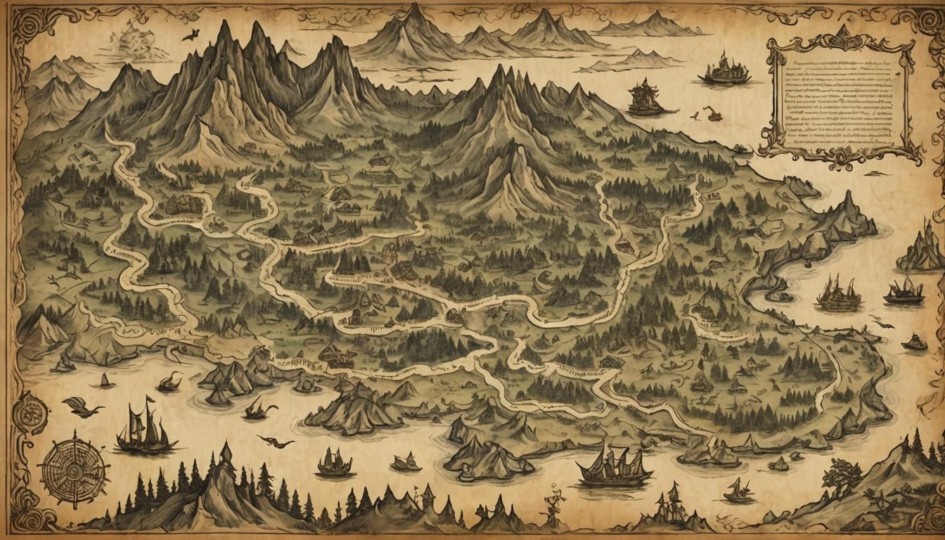 A medieval treasure map with intricate illustrations of drag...