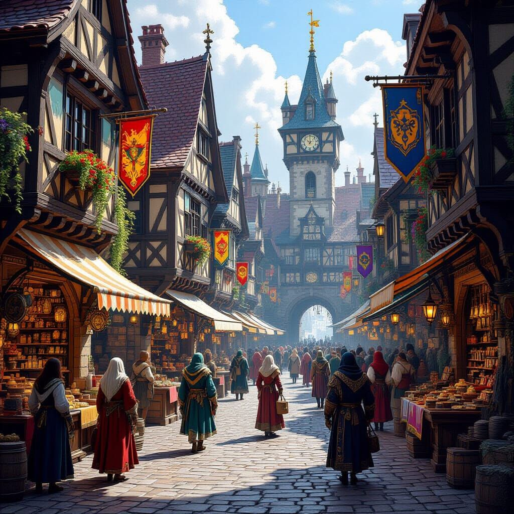 This image shows a vibrant medieval marketplace scene filled with merchants and shoppers. The timber-framed ...  by @Jespersen