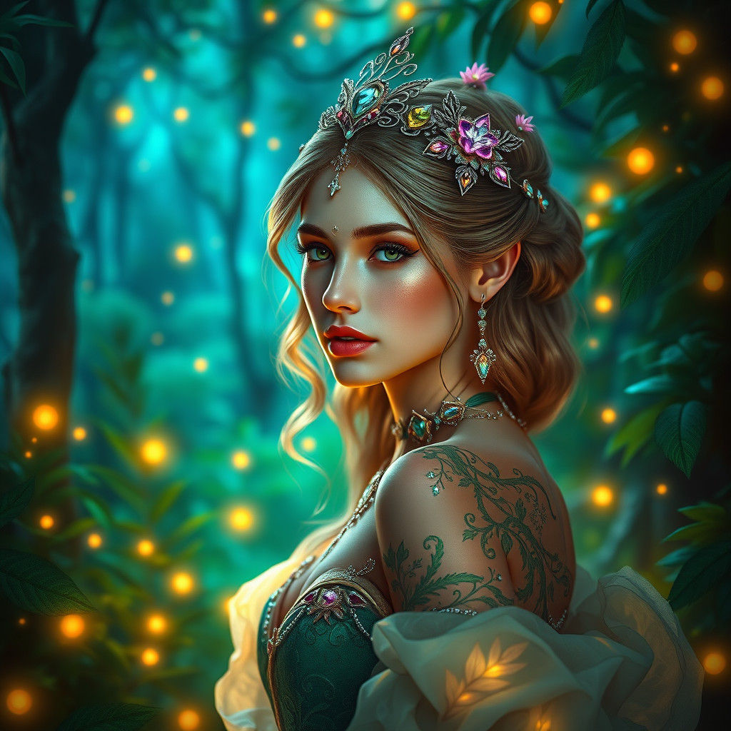Ethereal Forest Nymph Aurora: Art Nouveau Digital Portrait