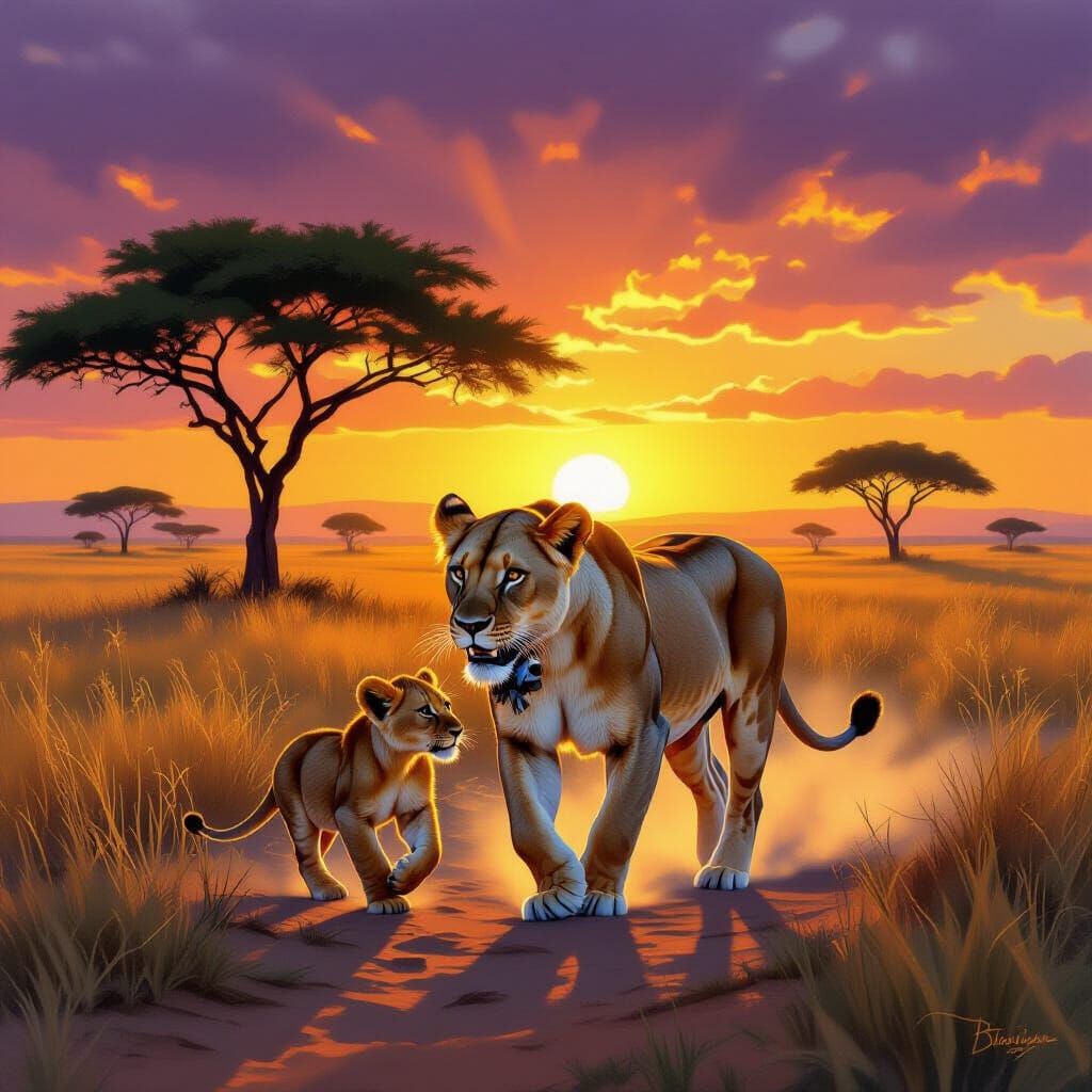 Lioness Carries Cub Through Golden Hour Savanna